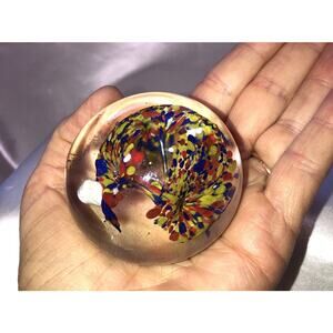 Paperweight Vintage Art Multi Color Bubble Confetti Flowers Glass 1.5" x 2"